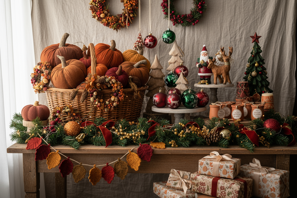 genera una imagen que se vean varios productos de esta tienda de la coleccion de navidad y otoño